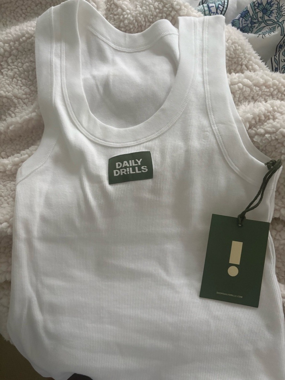 Daily Drills White Ribbed Tank with Black Logo Tag